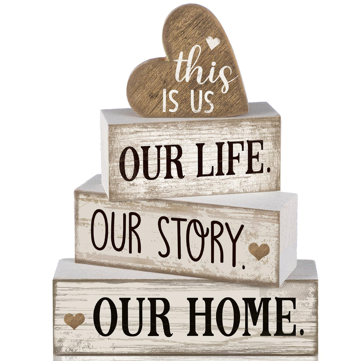Conelist farmhouse heart pieces set for a cozy rustic display on a shelf.