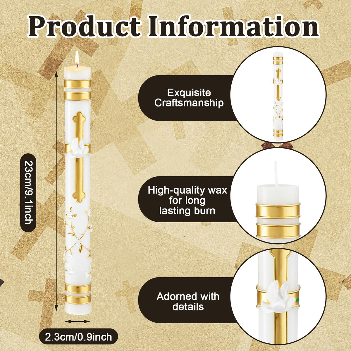 Conelist First Communion candle with gold trim for sacred celebrations.