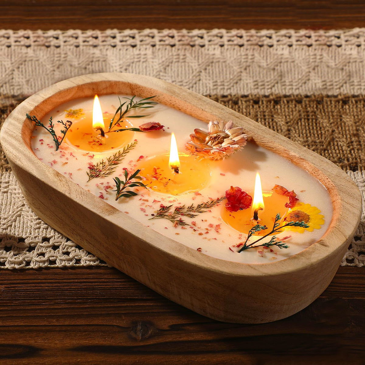 Conelist large botanical bowl candle with dried flowers adds centerpiece ambiance