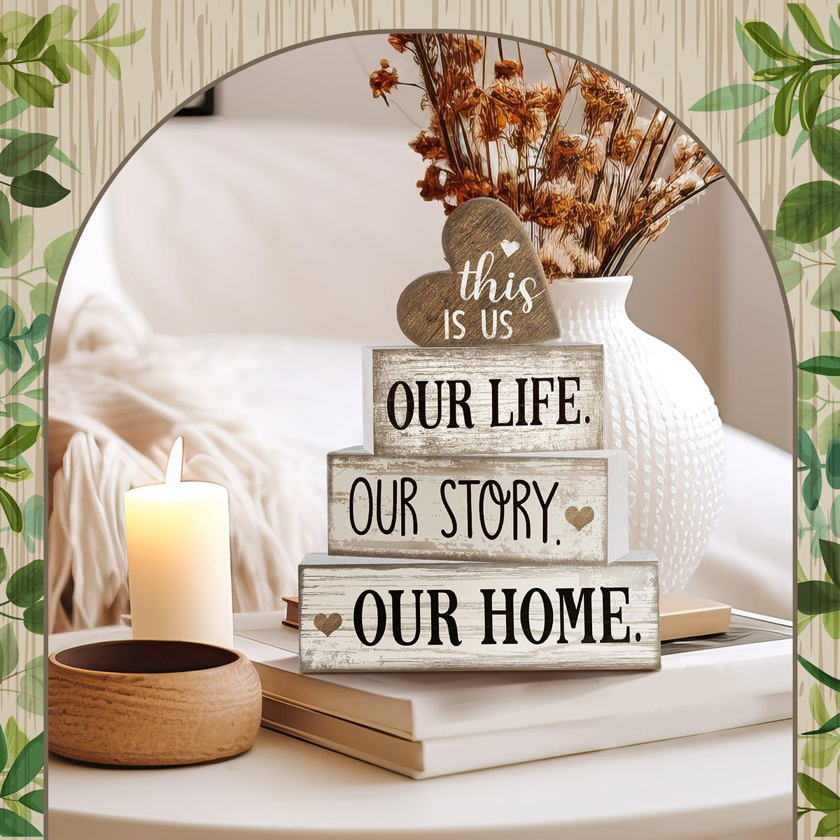 Conelist our life our story our home sign boosts cozy sentiment.