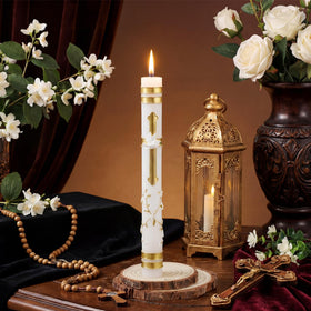 Conelist Palm Sunday candle featuring a gold stem and flowers for reverent decor.