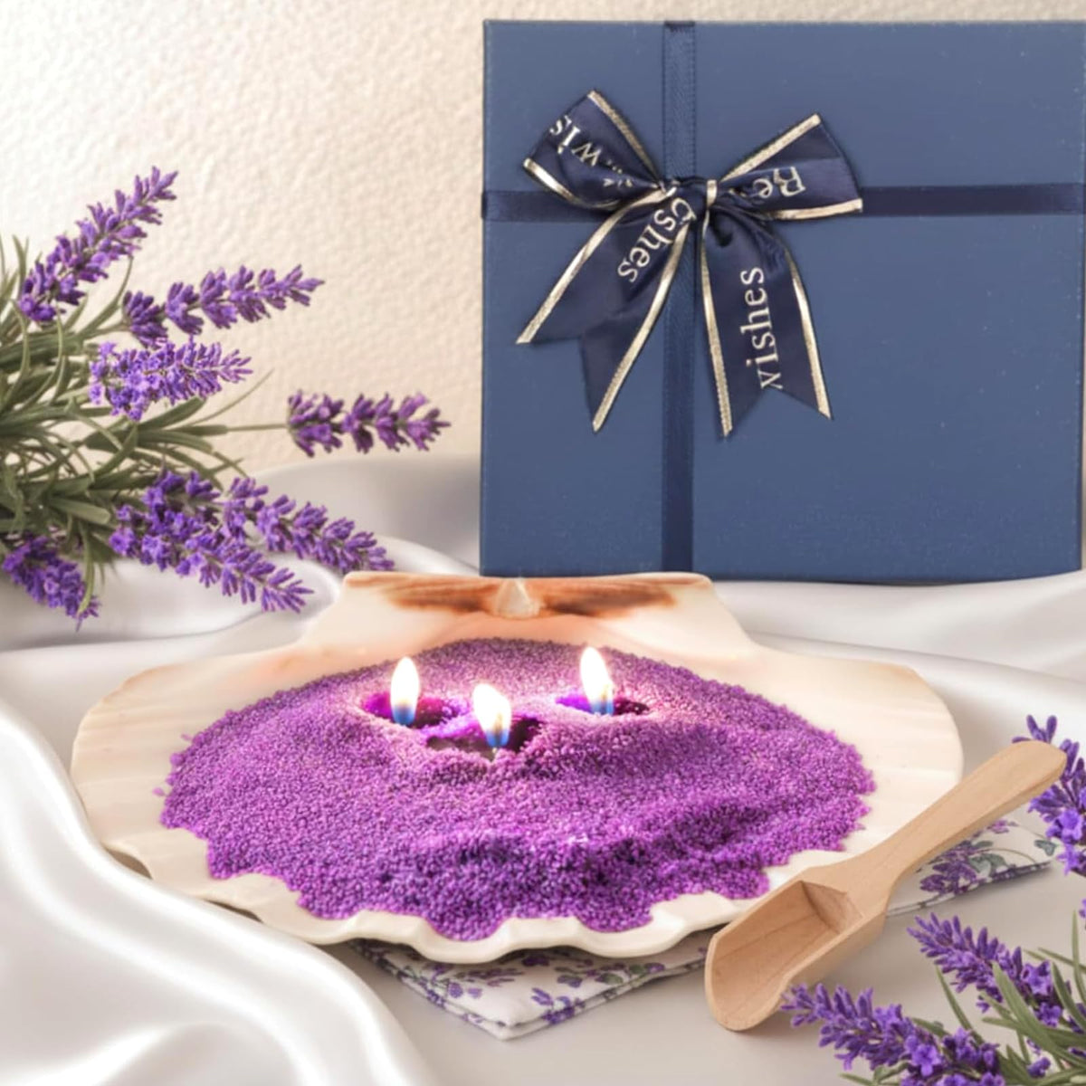 Conelist pearled sand candle in lavender purple for a calming ambiance.