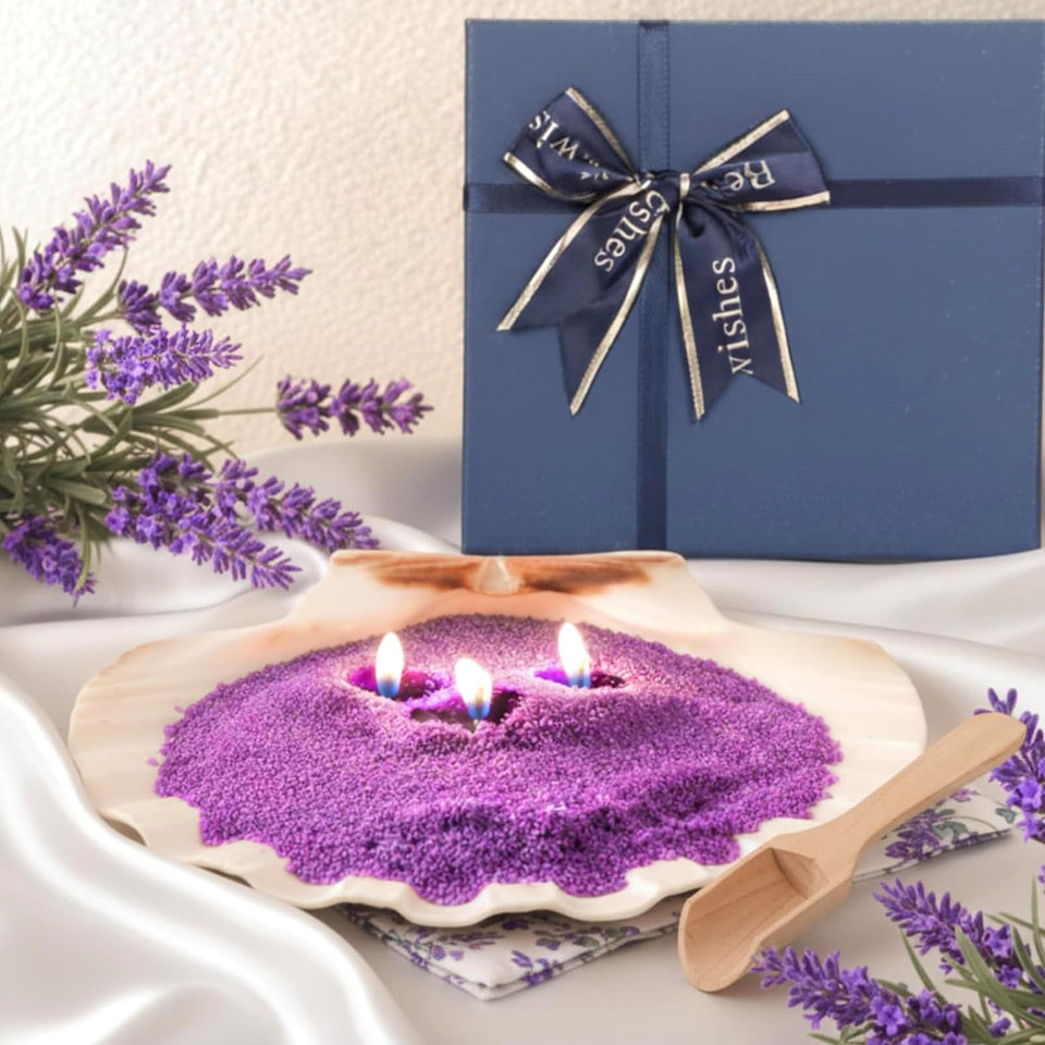 Conelist pearled sand candle in lavender purple for a calming ambiance.