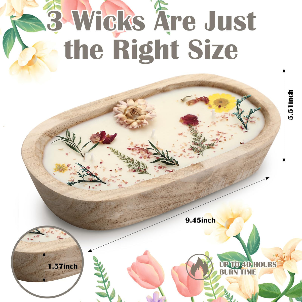 Conelist wooden dough bowl candle with dried flowers enhances rustic decor