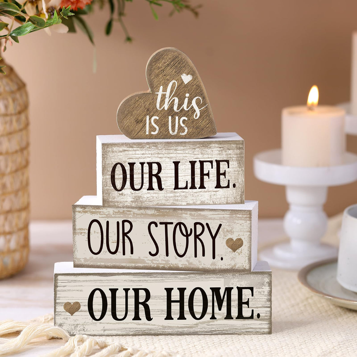 Conelist wooden heart block sign adds warm charm to tabletops.