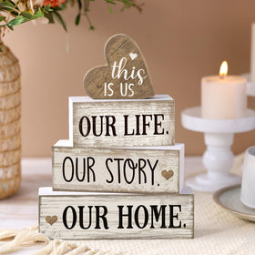 Conelist wooden heart block sign adds warm charm to tabletops.