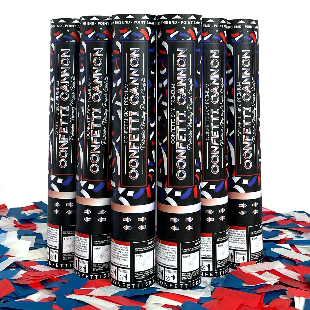 Confetti Sky 12-inch cannon bursting in red, white, blue for festive, high-impact celebrations.
