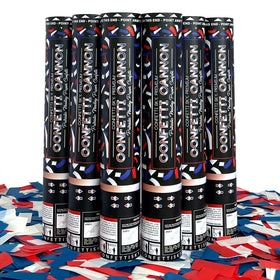 Confetti Sky 12-inch cannon bursting in red, white, blue for festive, high-impact celebrations.