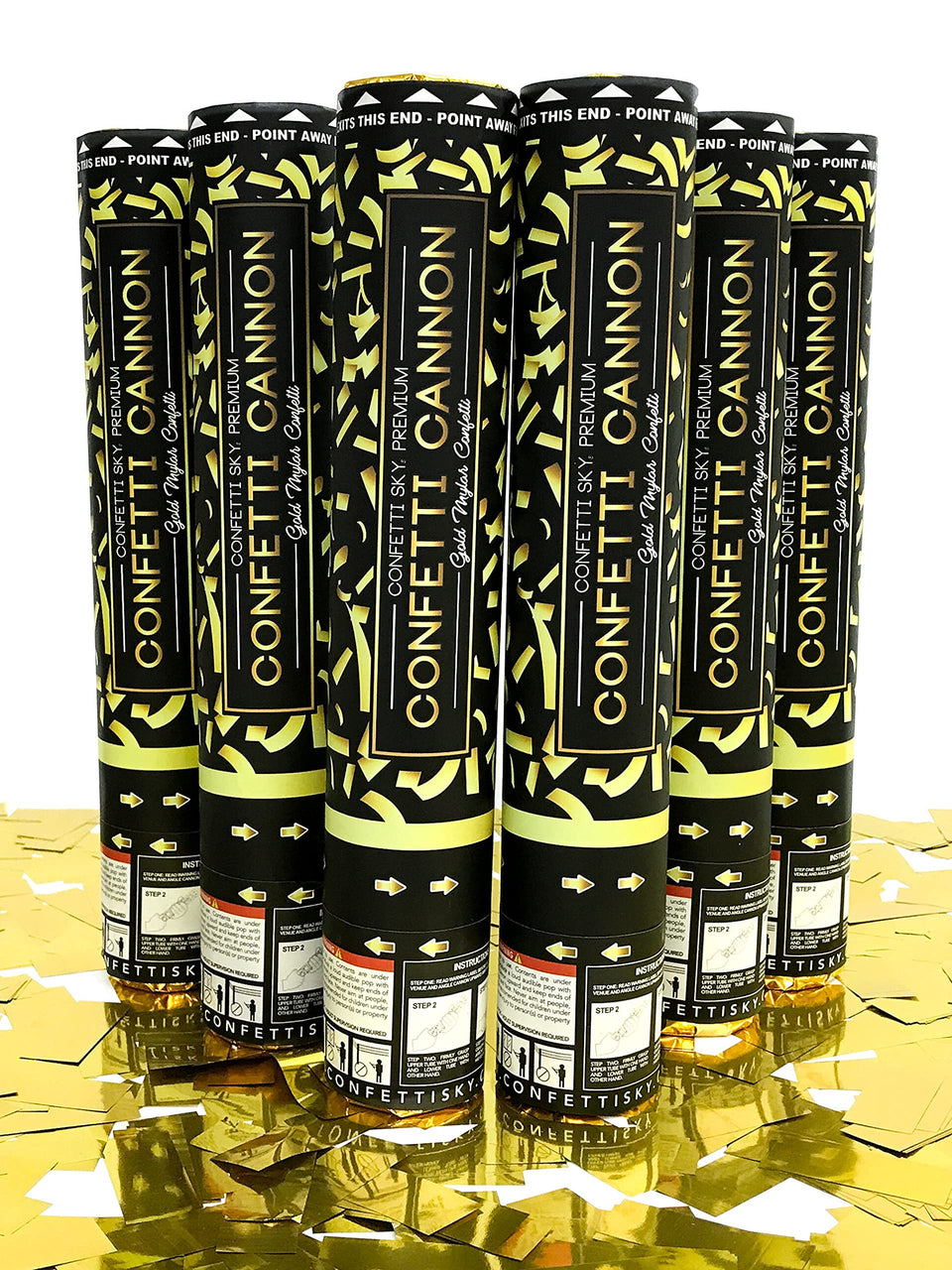 Confetti Sky 12in cannon with gold confetti in a sleek box for celebrations.
