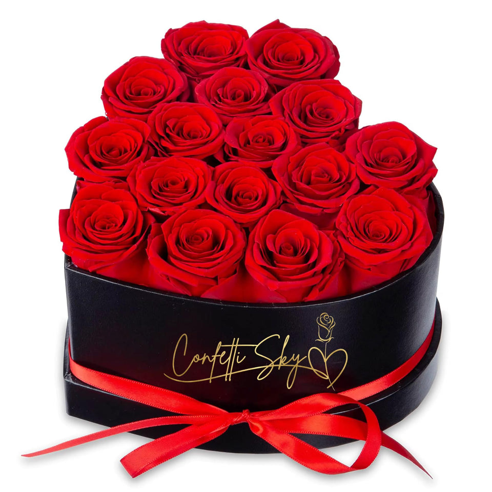 Confetti Sky 16 Forever Roses heart box closeup with vibrant, uniform blooms that endure.