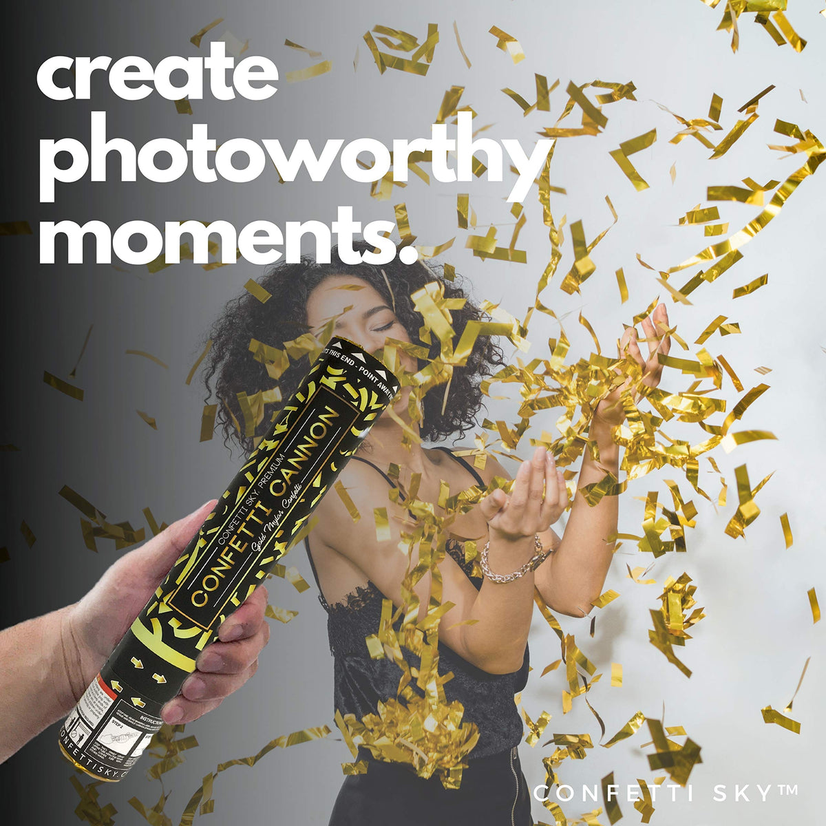 Confetti Sky gold Mylar confetti floats and reflects light for magical moments.