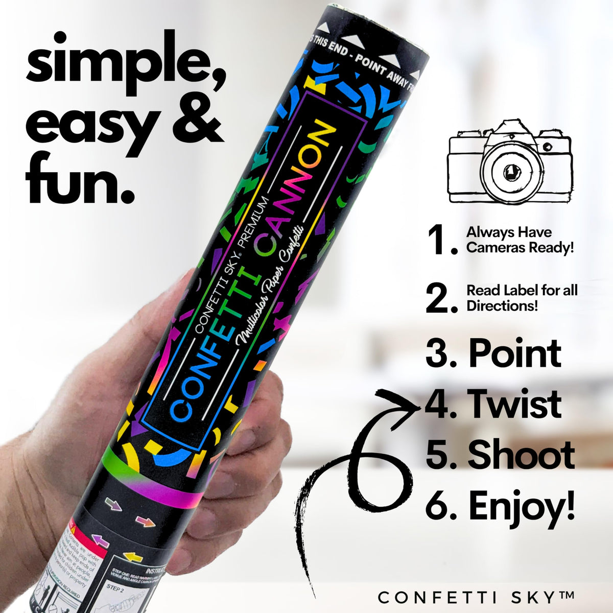 Confetti Sky multicolor confetti fall enhances wedding or party ambiance.