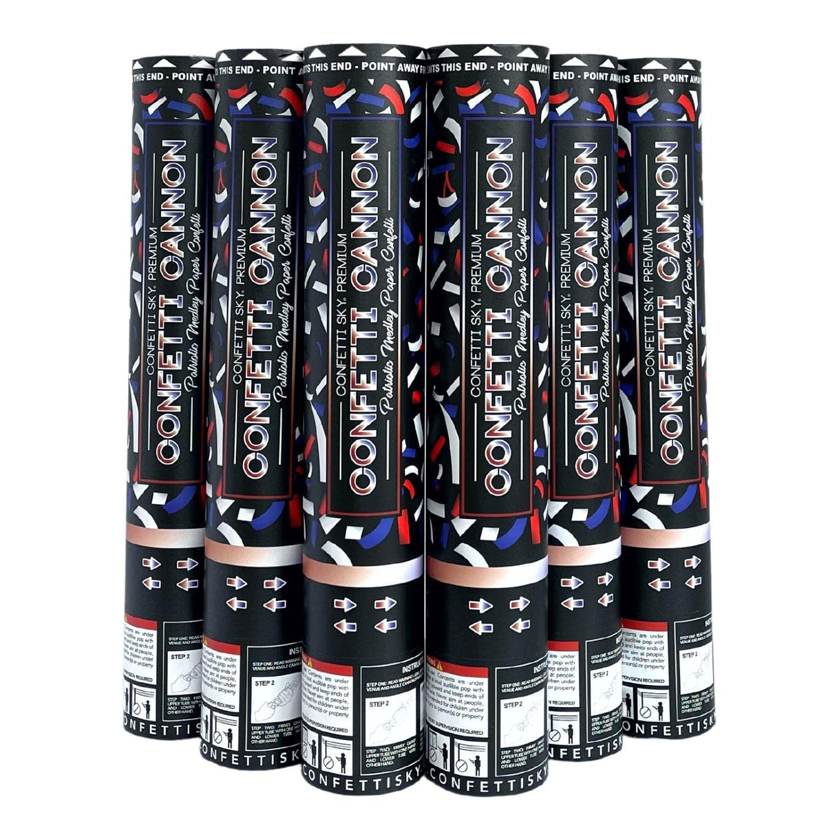 Confetti Sky safety features flameproof design and air-propulsion for controlled use.