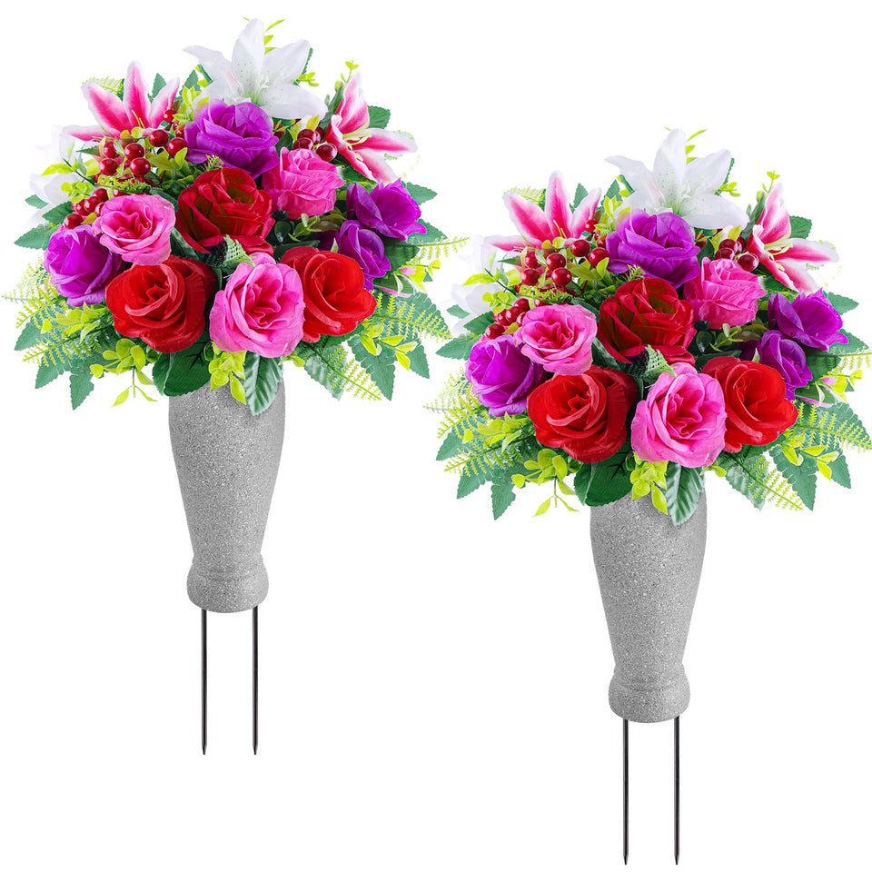 Consevisen artificial cemetery flowers: double bouquet with roses, lilies, and berries for graves.