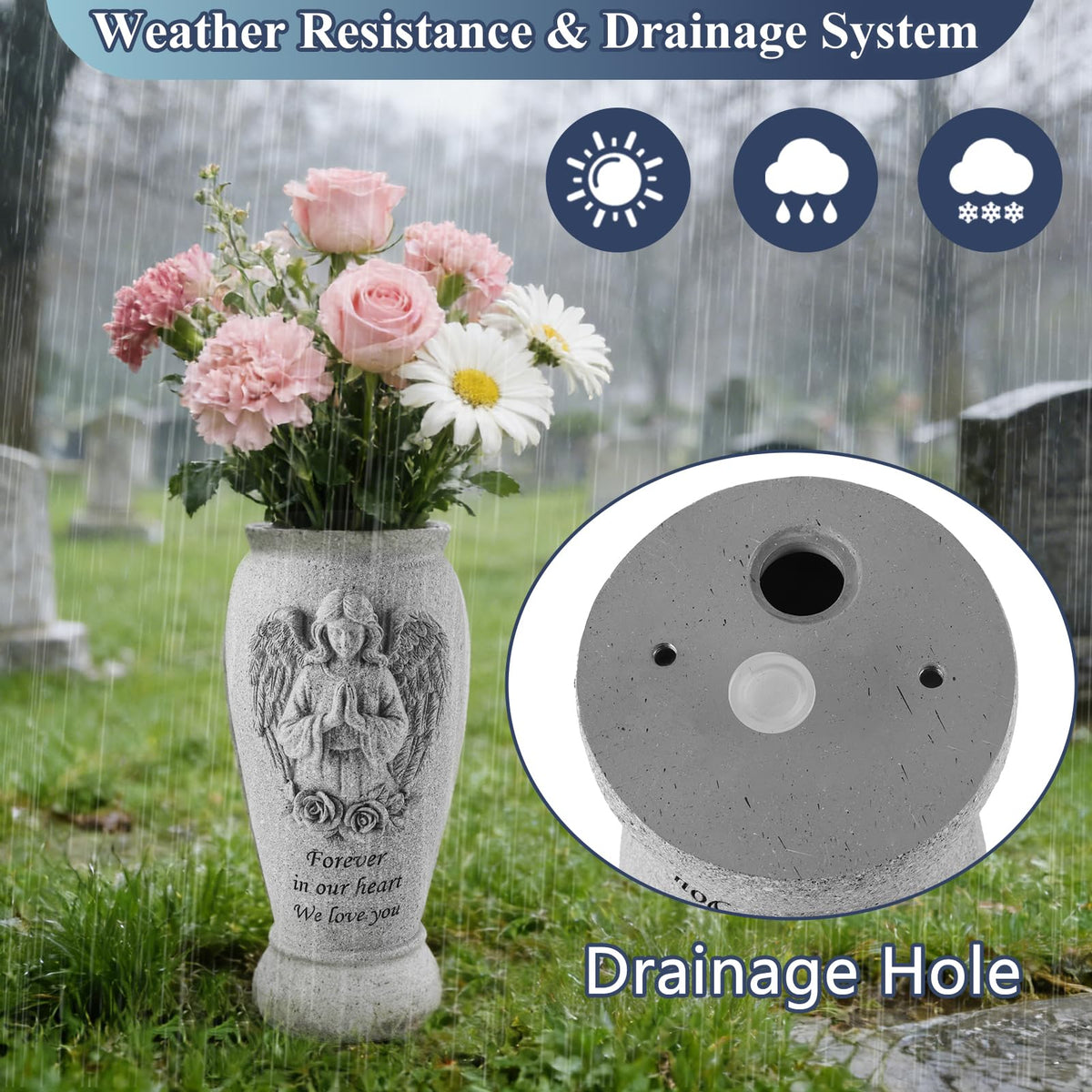 Consevisen cemetery vase opening accommodates fresh or artificial bouquets for graves.
