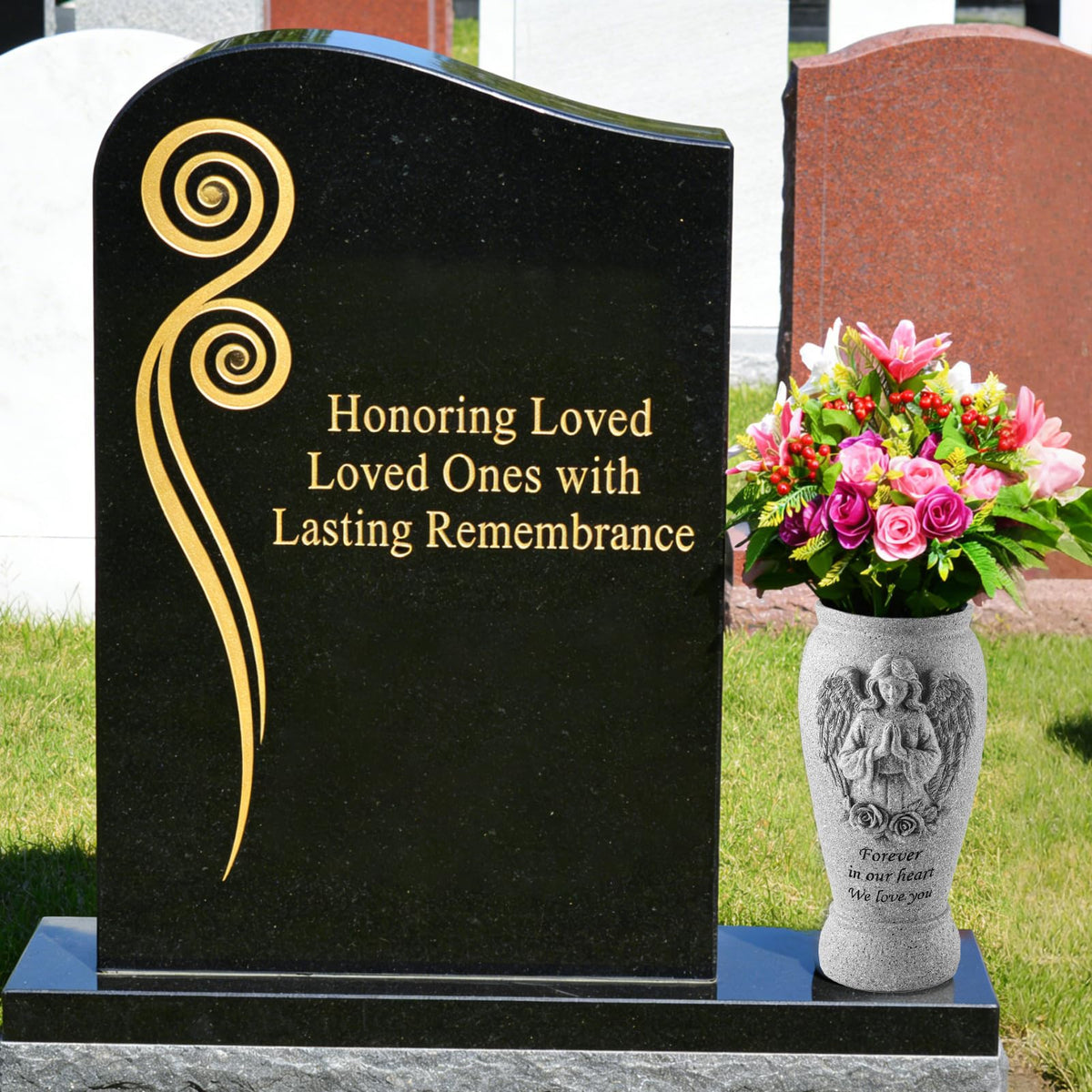 Consevisen angel-themed vase adds a graceful memorial touch to gardens and graves.