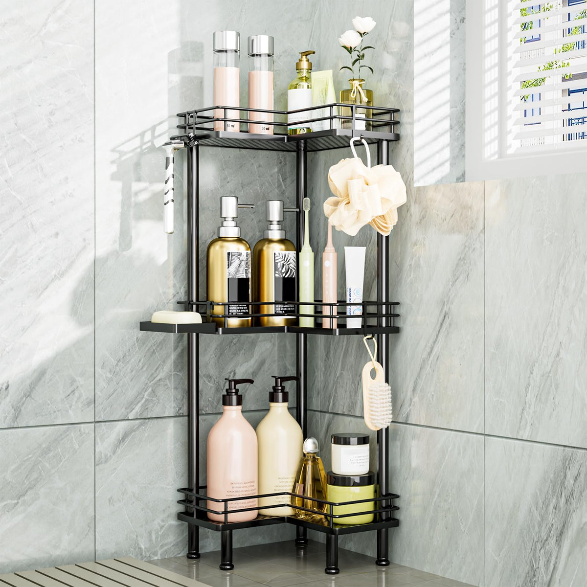 Consumest corner shower caddy 3-tier keeps bath essentials neatly within reach.