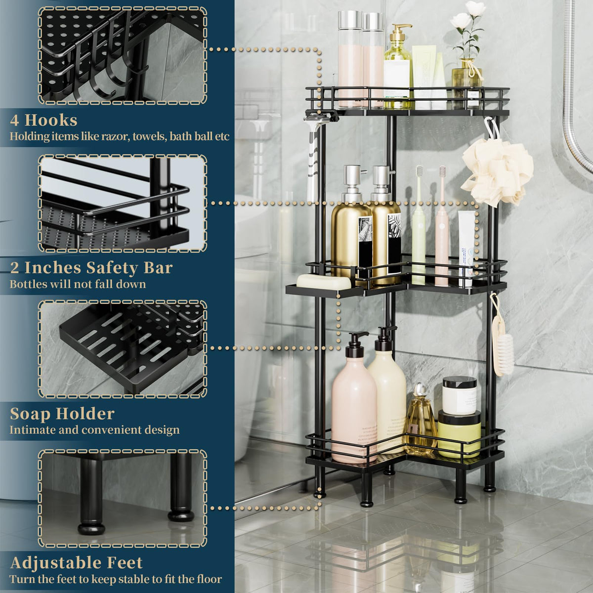 Consumest corner shower caddy with 4 hooks for towels and razors.