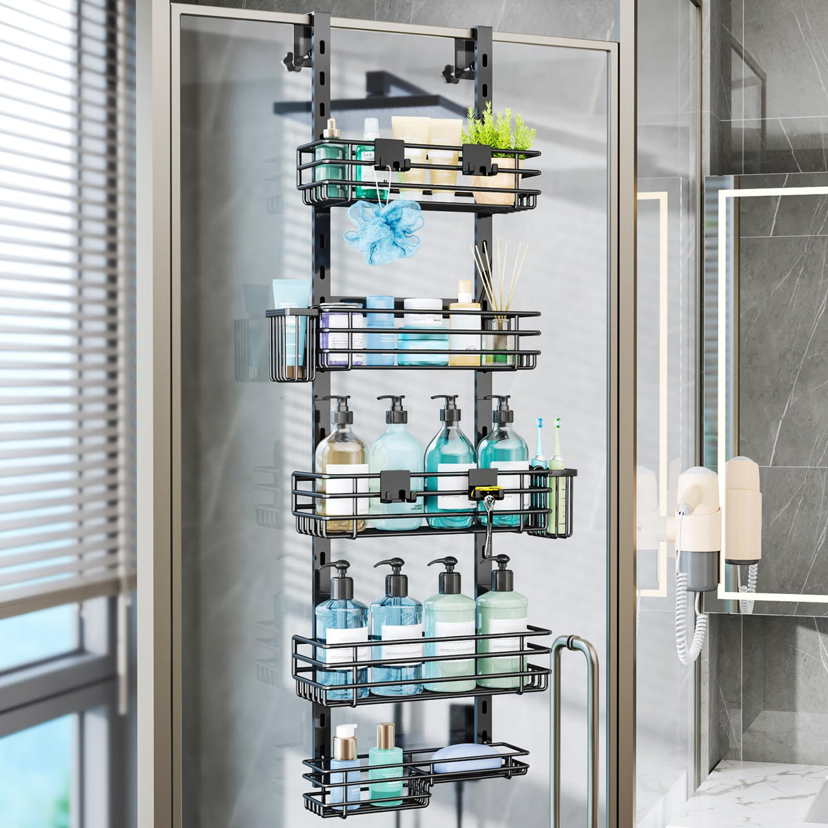 Consumest over-the-door shower caddy with 5 tiers for organized bath toiletries.