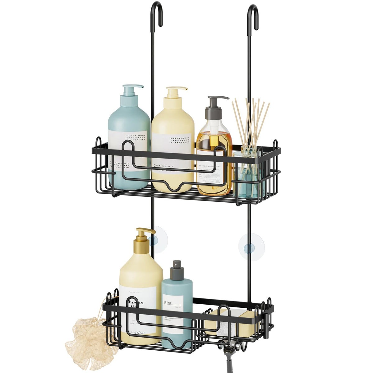Consumest Over the Door Caddy shelves provide spacious storage for shampoos and conditioners.
