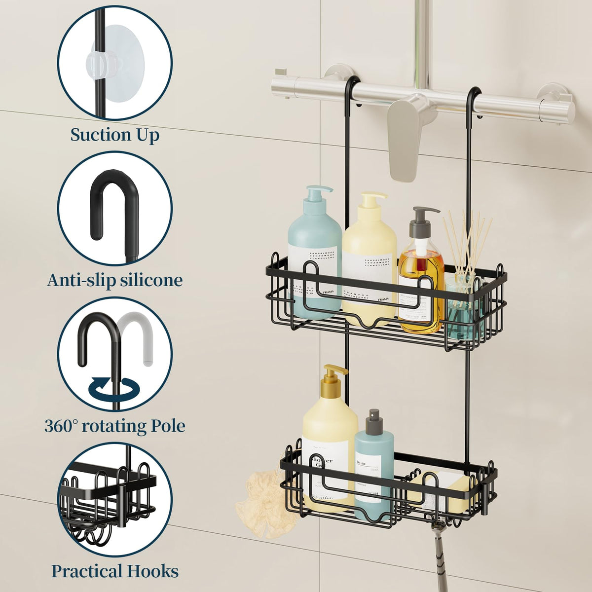 Consumest silicone-lined hooks protect surfaces while keeping towels and razors in reach.