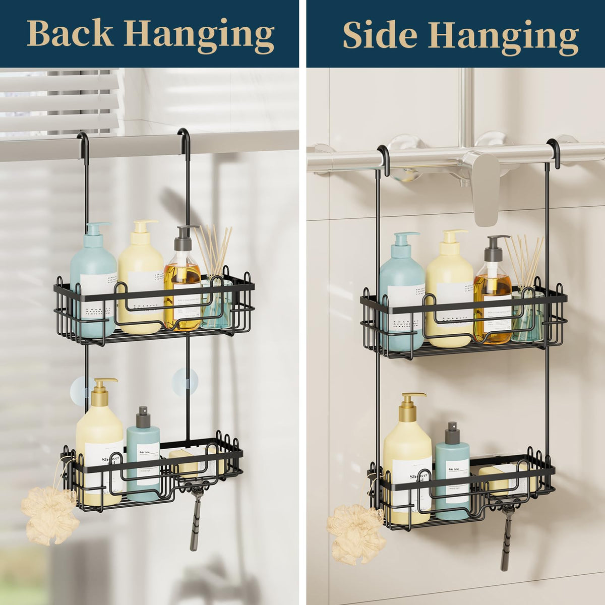 Consumest Over the Door Caddy suction cups stabilize the unit on doors and rods.