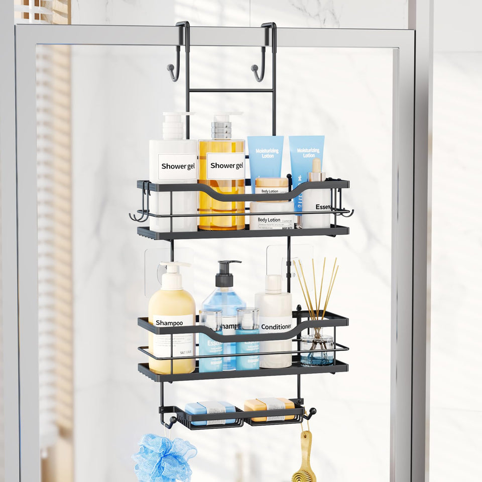 Consumest over the door shower caddy with 3 tier shelves keeps toiletries organized and dry
