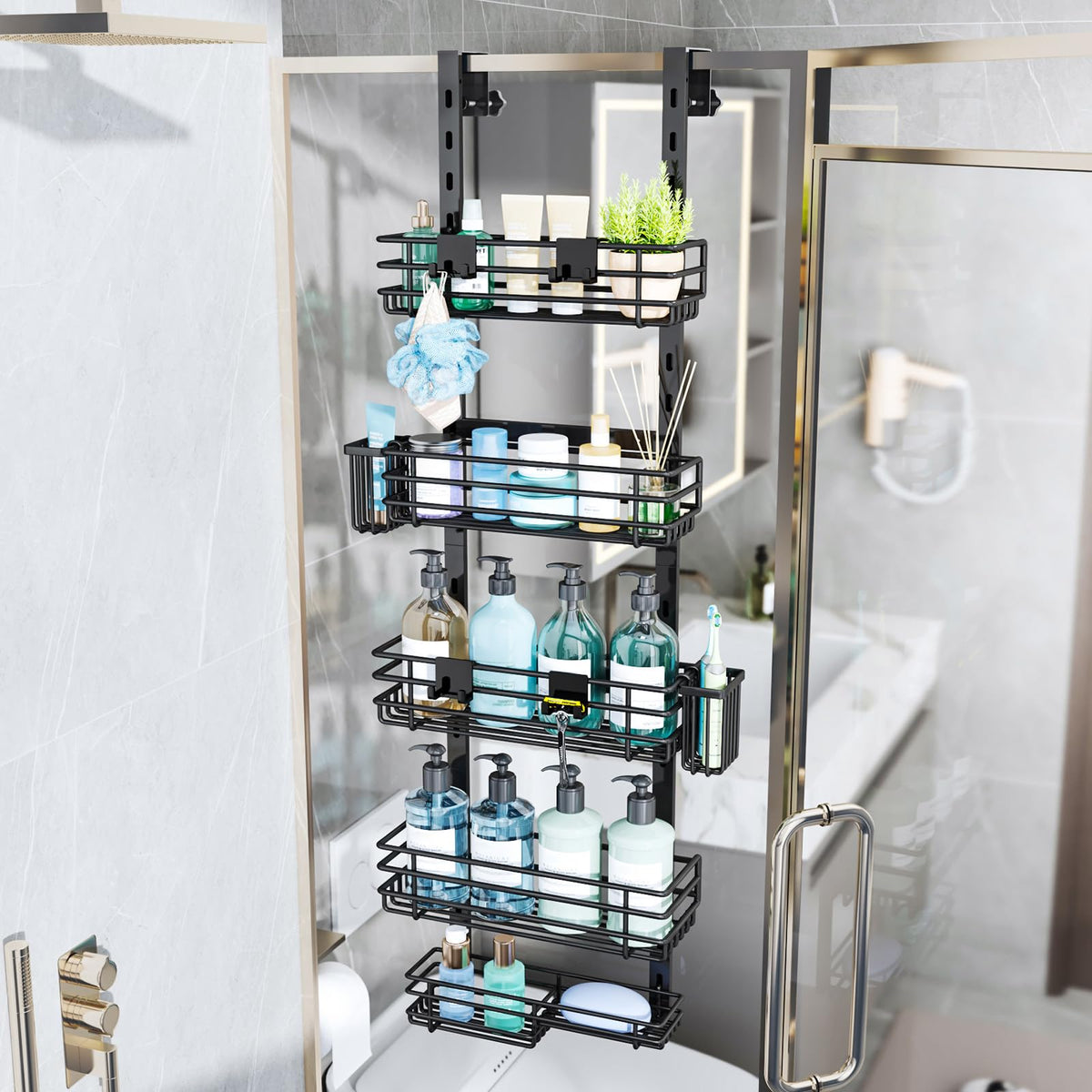 Consumest shower caddy includes four hooks for towels and tools.