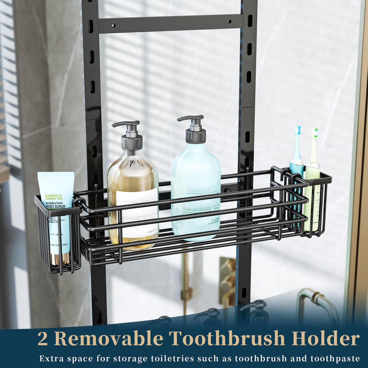 Consumest shower caddy with toothbrush holders keeps dental care organized.