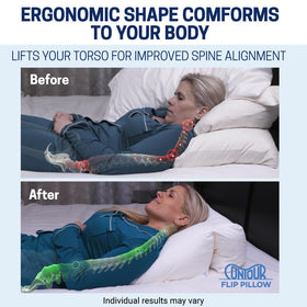 Contour Flip Pillow knee-support showcases ergonomic alignment during rest.