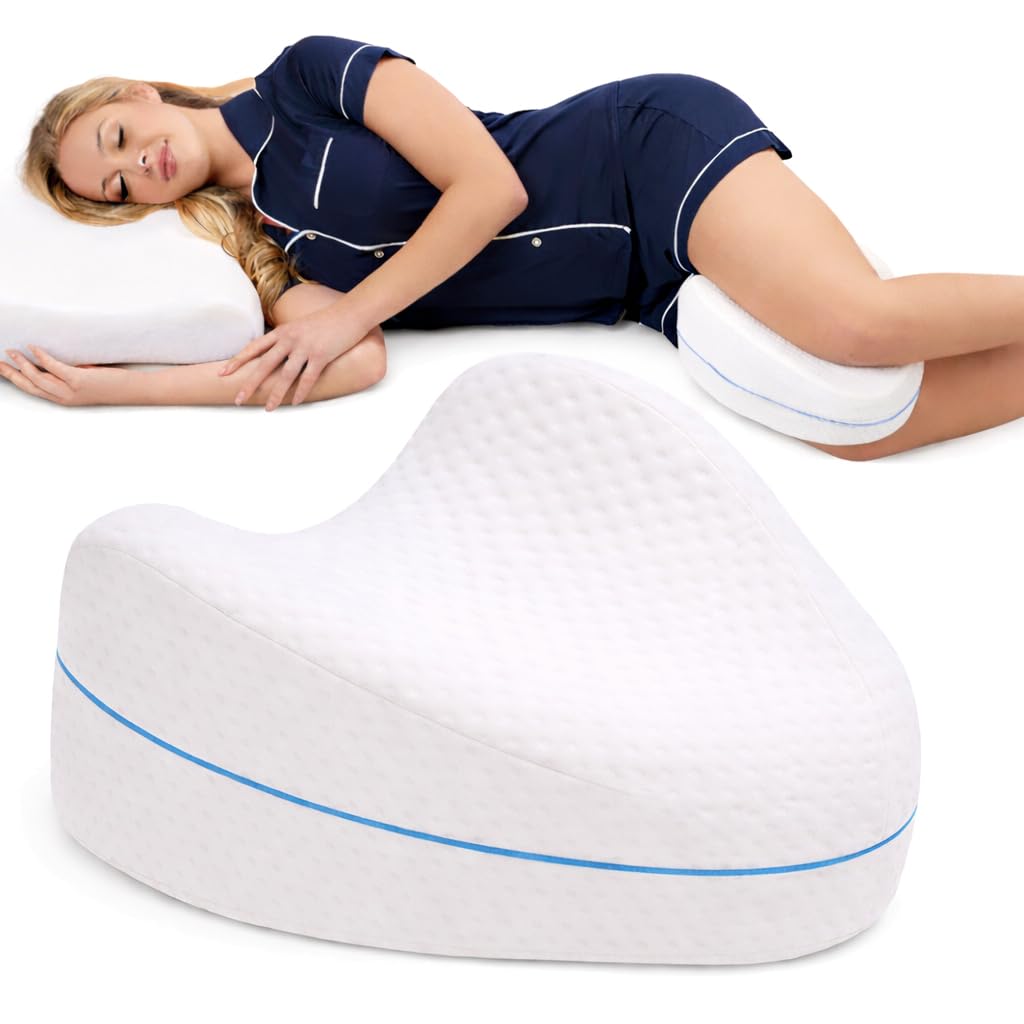 Contour Legacy leg pillow, side-sleeper view, supports spinal alignment.