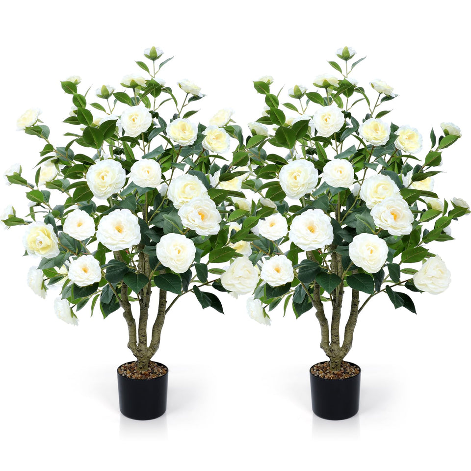 Convivilia artificial camellia tree 42-inch two-pack enhances indoor and outdoor decor.