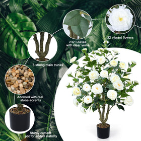 Conviviala camellia tree with heavy cement pot provides stable placement.