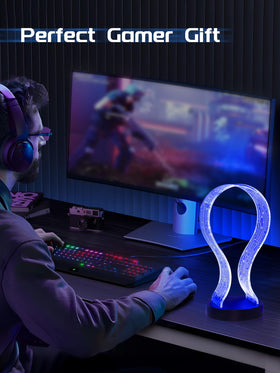 CoolGift Mart headphone stand pictured with included cable, remote, and manual.