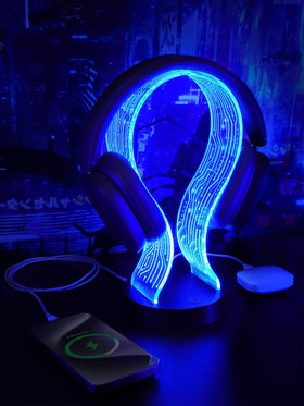 CoolGift Mart light-up headphone stand shown with 16-color LED ambiance for gaming setup.
