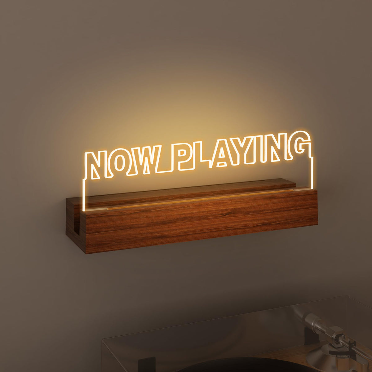 CoolGift Mart Now Playing vinyl wall mount displays albums with warm ambient lighting.
