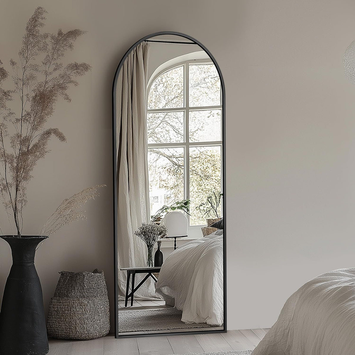 Coomily arched aluminum frame mirror in black for lightweight durability