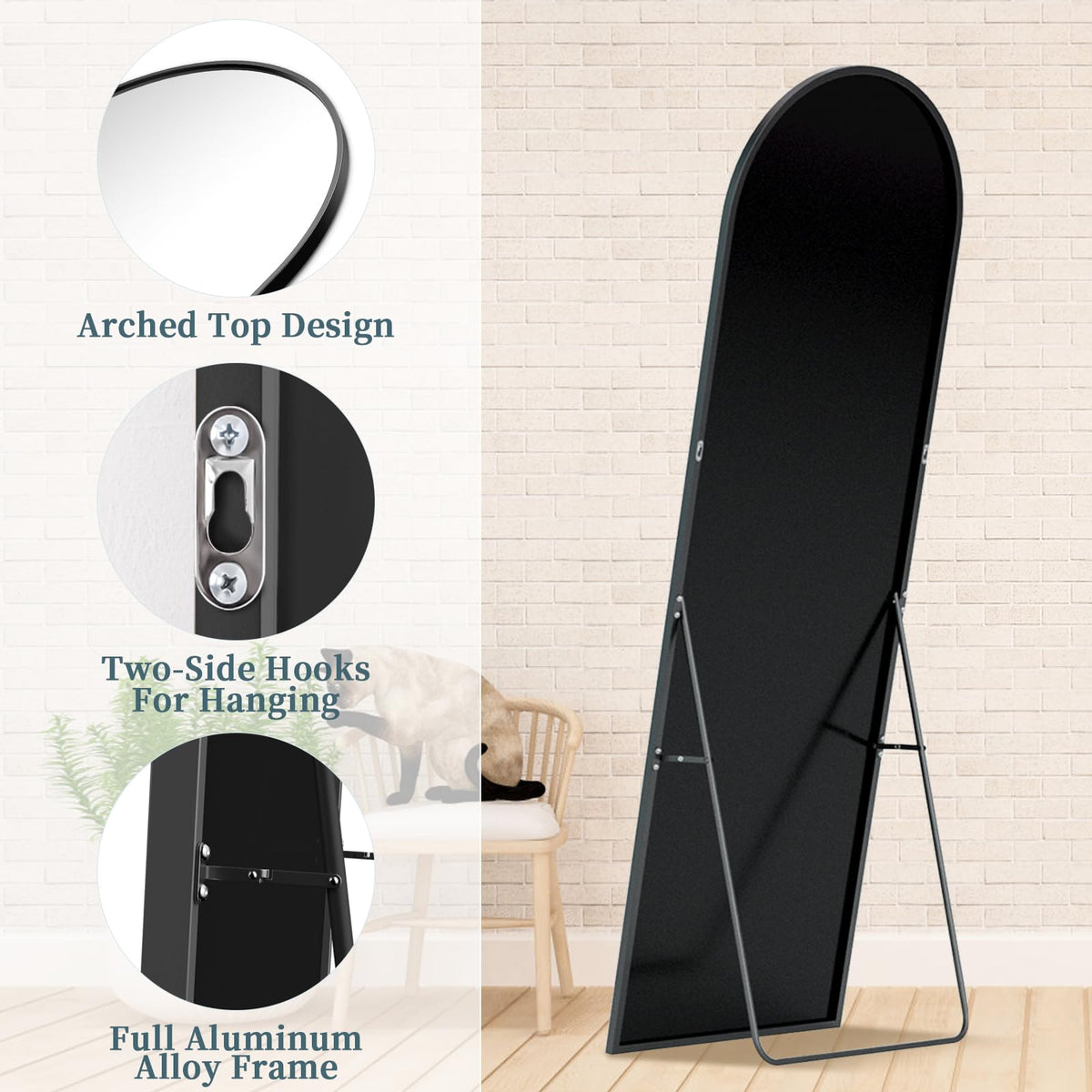 Coomily mirror supports three configurations wall, leaning, or standing