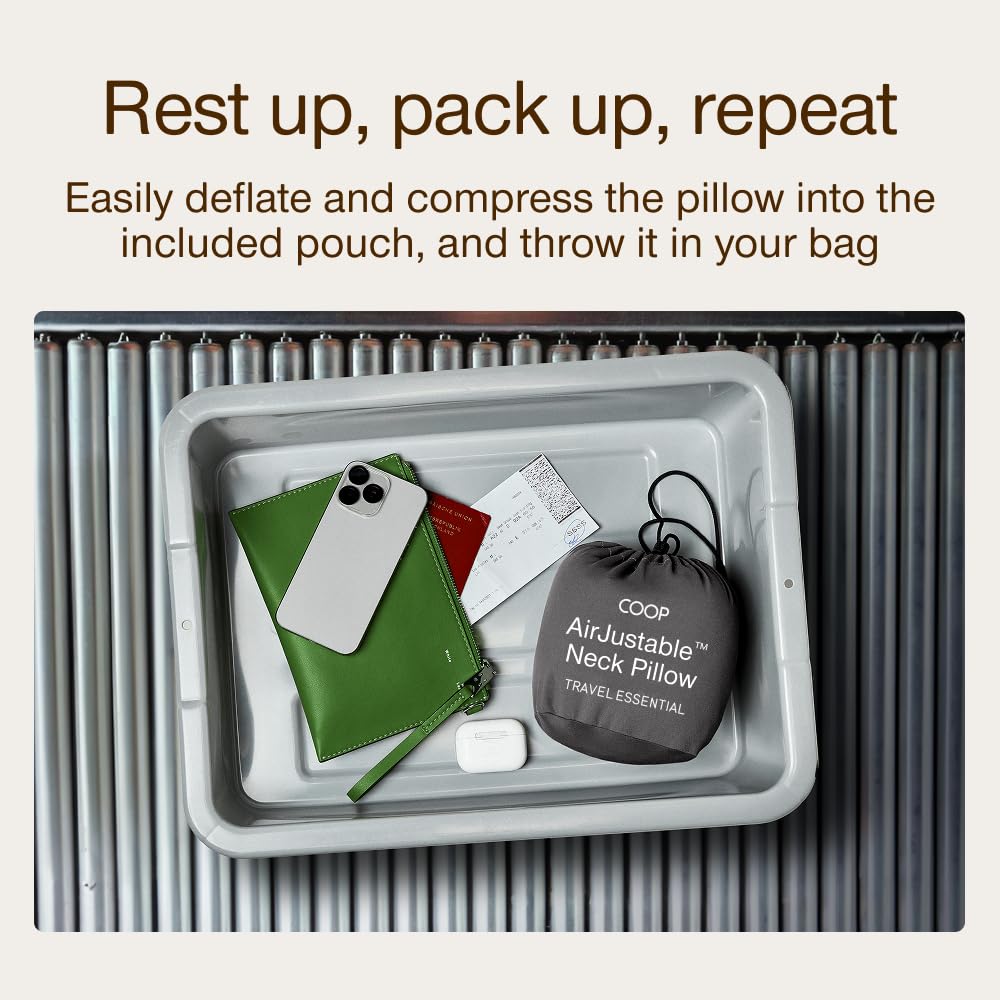 Coop Home Goods AirJustable neck pillow fits neatly in its travel bag.