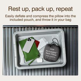Coop Home Goods AirJustable neck pillow fits neatly in its travel bag.