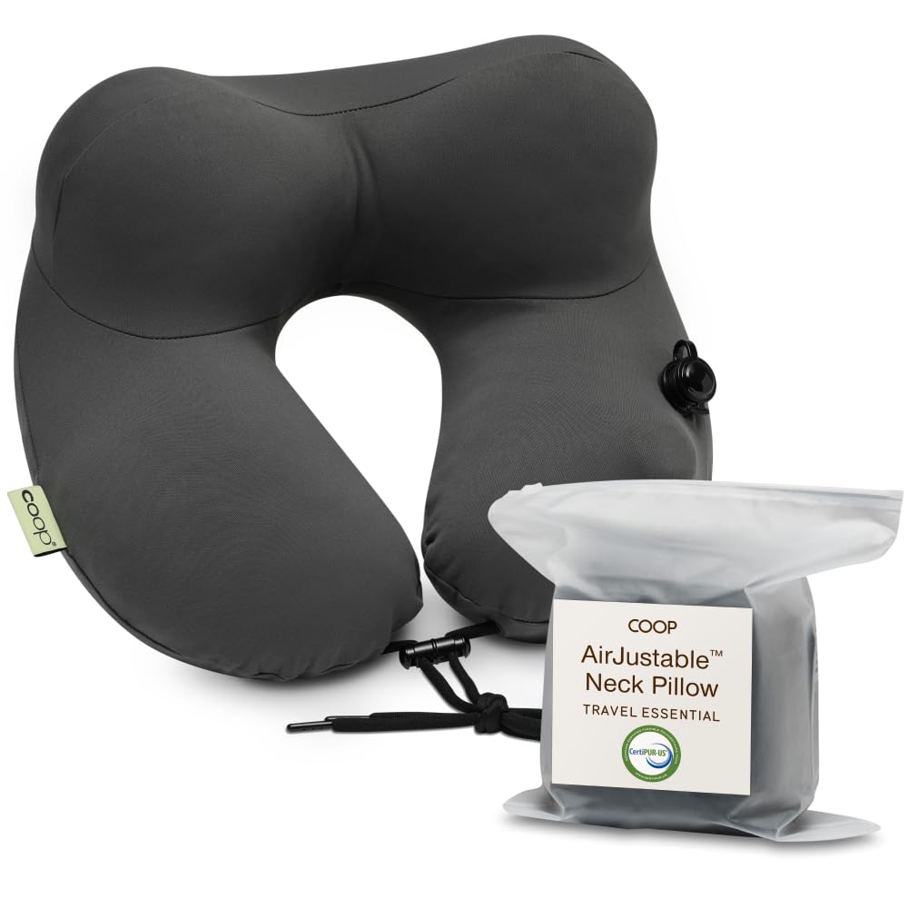Coop Home Goods AirJustable inflatable travel neck pillow for customizable flight comfort.