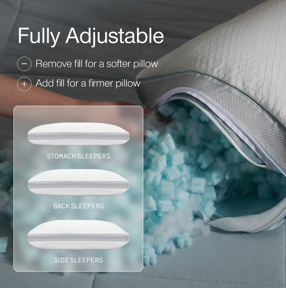 Coop Home Goods Cool+ Pillow side view demonstrates adjustable fill for personalized comfort.