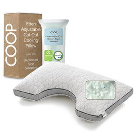 Coop Home Goods Eden Cut-Out Pillow shows adjustable loft for side sleepers.