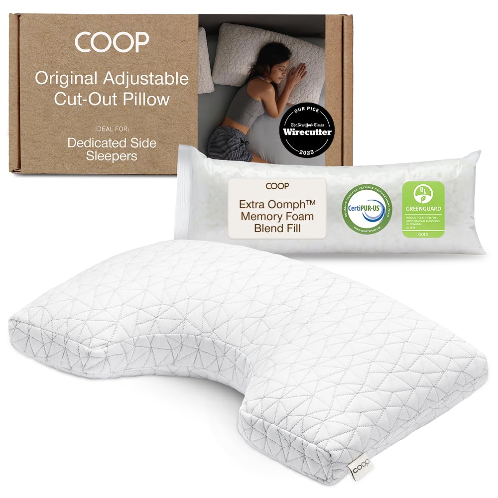 Coop Home Goods Original Cut-Out Pillow shoulder notch supports side sleepers for proper neck alignment.