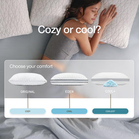 Coop Home Goods Original Pillow packaging and care scene, highlighting product freshness