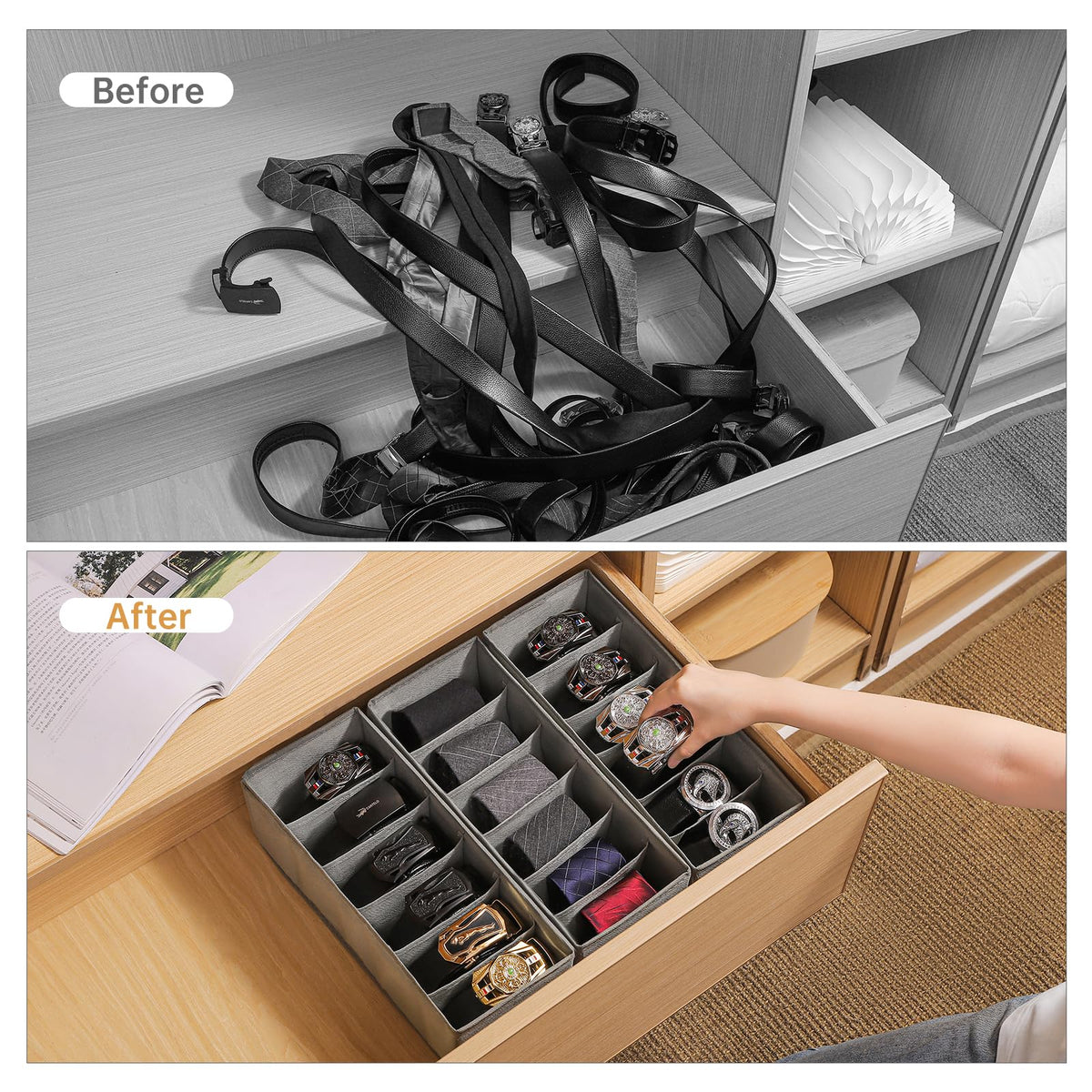 Coorganisers foldable belt box closeup shows soft fabric protecting accessories.