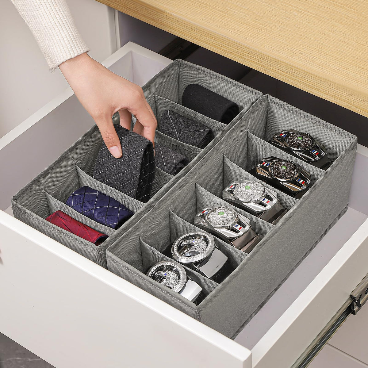 Coorganisers three-pack tie organizer drawer demonstrates organized shelving at a glance.