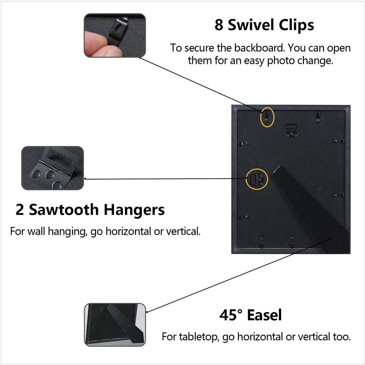 CORE ART 45-degree brackets support vertical or horizontal wall display.