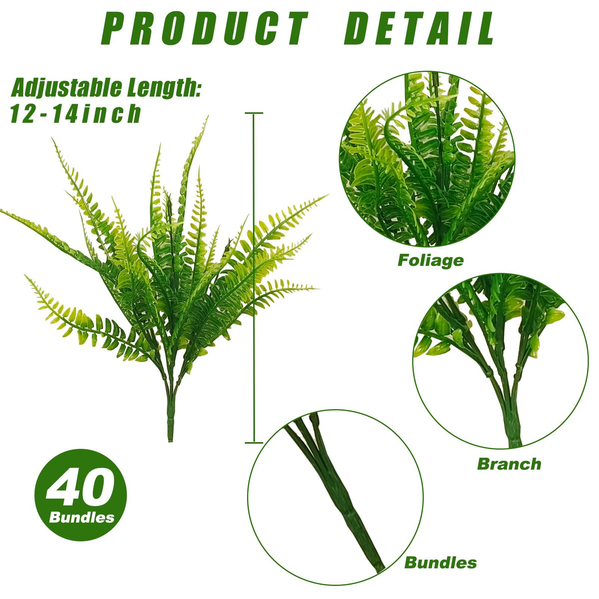 Coreland artificial Boston fern stem closeup highlights durable, UV-resistant material.