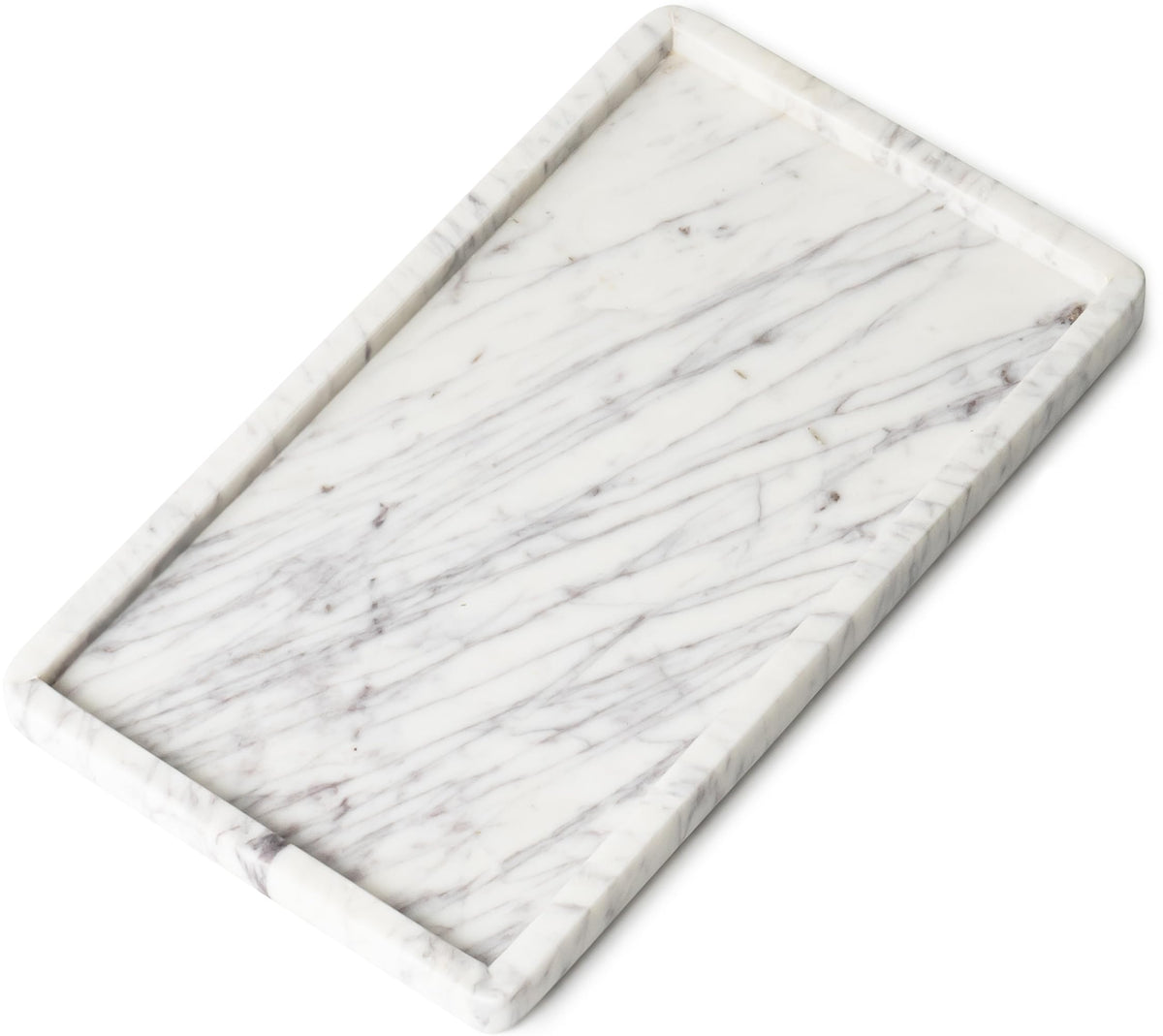 Cork & Mill marble tray on bathroom counter showing elegant white veining for organized essentials.